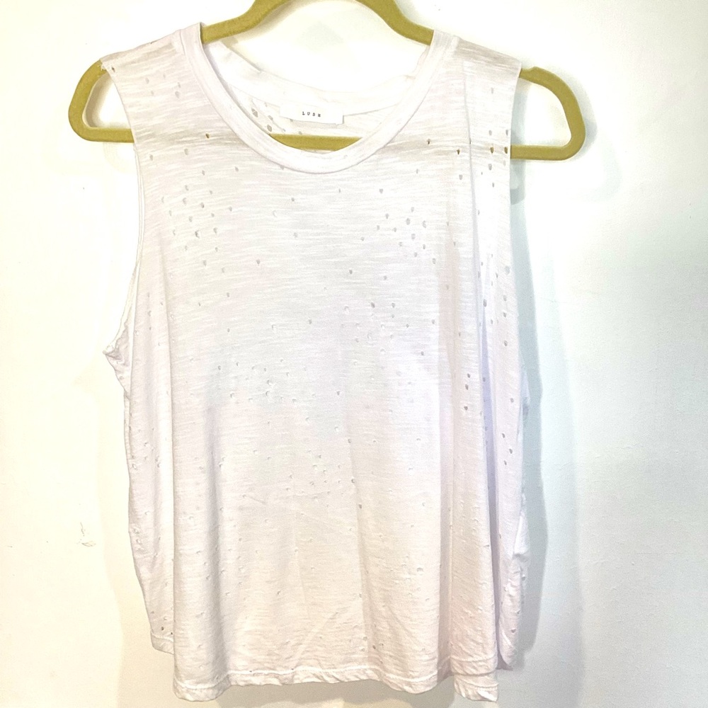 104.  NWOT Lush Distressed White Tee